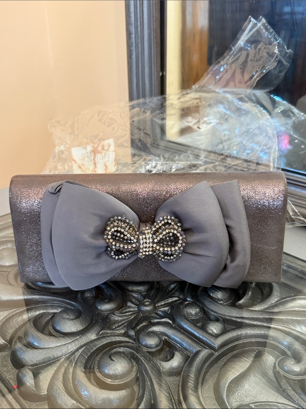 Whittall & Shoan Satin Elegant Purple Gray Bow Clutch Crystal Accent Chain Strap
